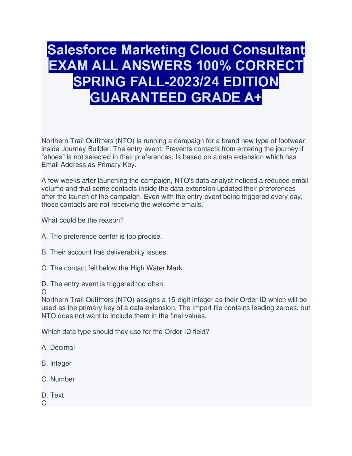 Preview image for Salesforce Marketing Cloud Consultant EXAM ALL ANSWERS 100% CORRECT SPRING FALL-2023/24 EDITION GUARANTEED GRADE A+